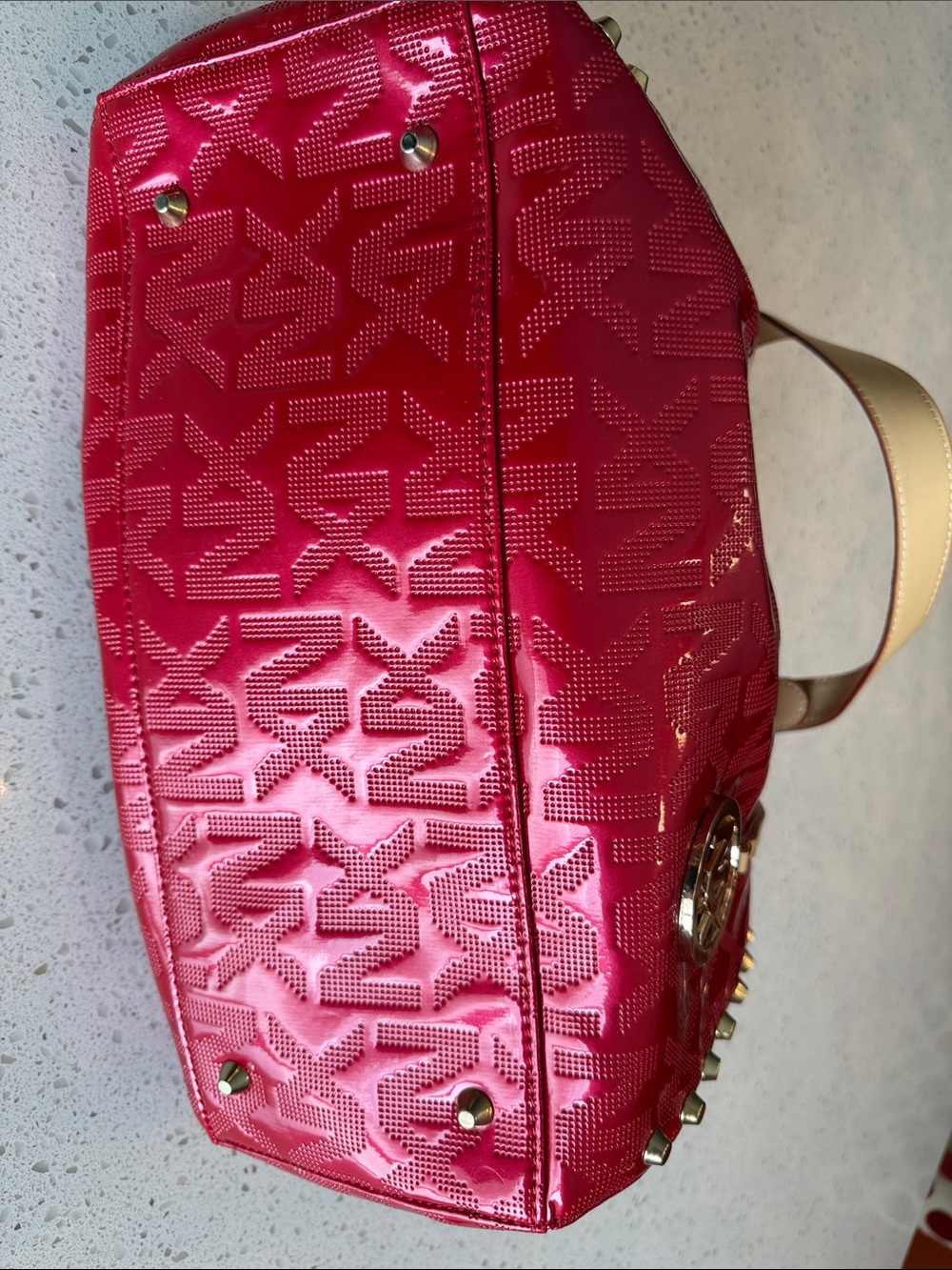 Patent Hot Pink Shoulder Bag with Tan Handles - Picture 6 of 10